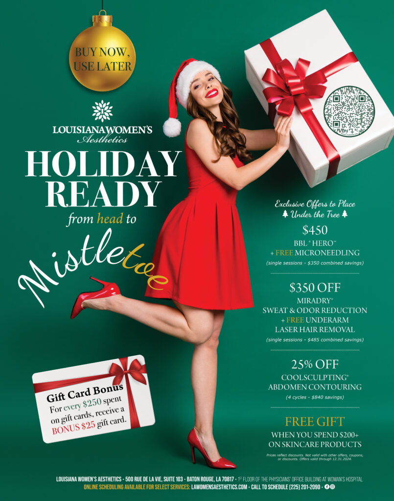 Flyer for December 2024 specials at Louisiana Women's Aesthetics in Baton Rouge, Louisiana